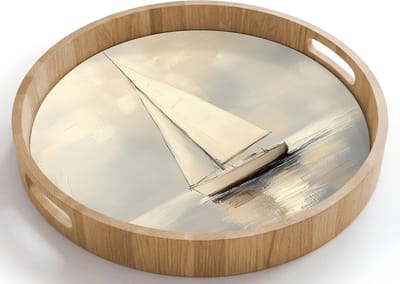 Dienblad rond 40x40 cm - Schootdienblad hout - Zeilschip - Zee - Bewolkt - Borrelplank rechthoek - Plateau houten dienbladen