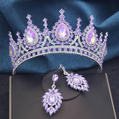 Vintage Barok Prinsessenkroon en Oorbellen Set voor Vrouwen Prom Bruids Bruiloft Tiara Sieraden Hoofddeksel Bruid gray