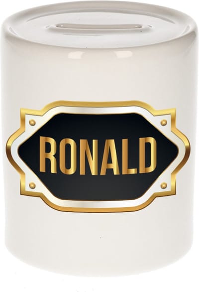 Spaarpot met voornaam Ronald - wit - met goud/zwart embleem - 8 x 9 cm - keramiek - met afsluitdop - cadeau verjaardag