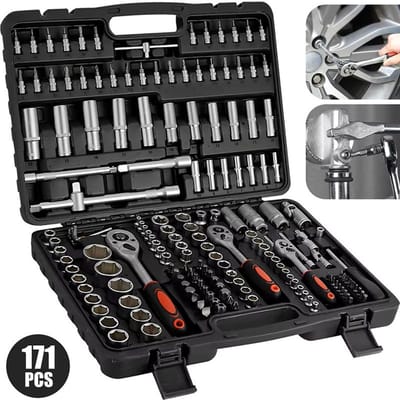 Venzor - 171‑delige Dopsleutel & Ratelset – 1/4” | 3/8” | 1/2” – Complete Gereedschapskoffer met Bits, Doppen, Verlengstukken & Universele Joints – Carbon Steel