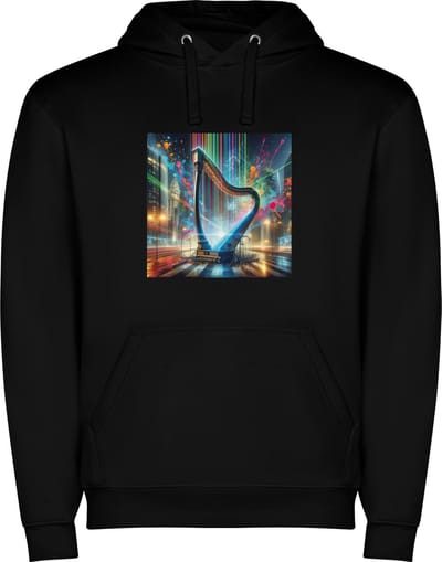 Zwarte unisex hoodie met “ Kleurrijke Harp – Skyline – Muziekinstrument “ Print Full Color merk Roly maat L