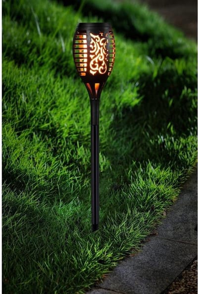 Voordeelset van 15x stuks benson tuinfakkel - solar - met vlameffect - zwart - led - 48 cm - zonne-energie