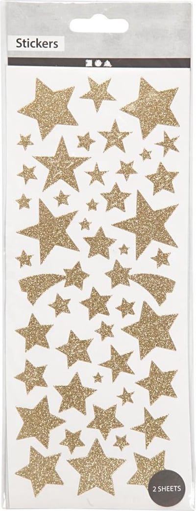 Glitterstickers, sterren, vel 10x24 cm, ca. 110 stuk, goud, 2 vel/ 1 doos