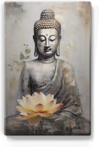 Boeddha met bloemen - Laqueprint - 19,5 x 30 cm - Niet van echt te onderscheiden handgelakt schilderijtje op hout - Mooier dan een print op canvas. - LP514