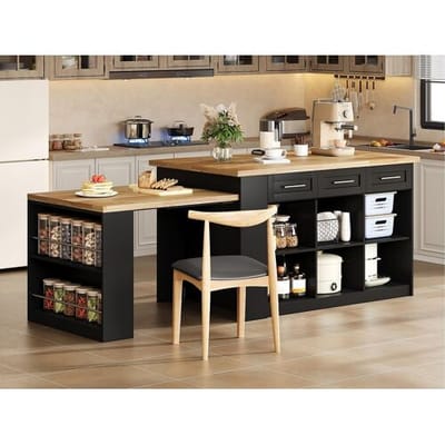 ModernLuxe Keukeneiland 150x90x90 cm - met uitschuifbare eettafel - houttextuur - met grote opbergruimte - Zwart + Natuur