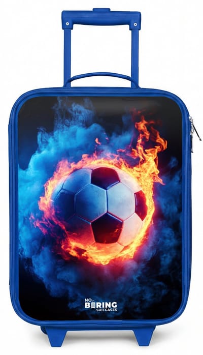 NoBoringSuitcases.com® - Kinderkoffer blauw - Kindertrolley jongen - Voetbal in vuur en ijs - Koffer kind lichtgewicht - Reiskoffer trolley voor kinderen - Koffertje met lichtgevende wieltjes - Rolkoffer