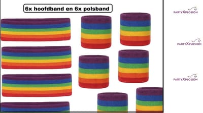 6x Zweetband pols en 6x zweetband hoofd rainbow - Regenboog Zweetband pols band fitness festival gay pride regenboog thema feest