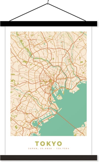 Posterhanger incl. Poster 40x60 cm - Schoolplaat - Tokyo - Stadskaart - Vintage - Plattegrond - Kaart - Textielposter - Zwarte latten - Stadskaart