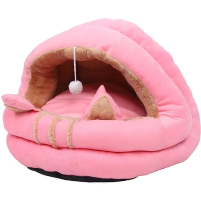 Kattenhuis   Zacht Verwijderbaar Wasbaar Schattige Oren Gevoerd Met Kap Kattenhol Bed voor Binnen Roze
