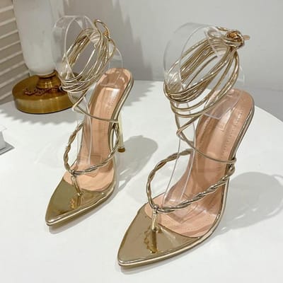 Damesmode Strappy Hakken Gladiator Sandalen Sexy Puntige Teen Smalle Band Stiletto Veterschoenen Feest Trouwschoenen Rood 37 goud