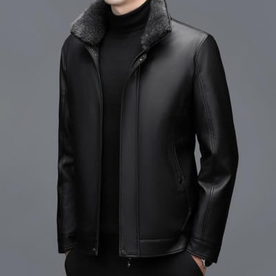 Doudoune d'hiver, Tenue de papa pour hommes d'âge moyen et âgés, Veste en cuir pelucheux, Revers en peau de mouton 4XL black