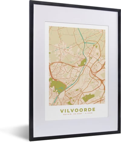 Fotolijst incl. Poster - Plattegrond - Stadskaart - Vintage - Vilvoorde - Kaart - 30x40 cm - Posterlijst