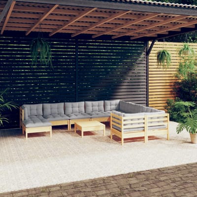 vidaXL - 11-delige - Loungeset - met - grijze - kussens - grenenhout