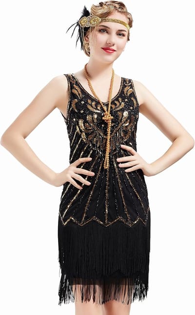Women's Flapper Dresses 1920s V Neck Beaded Fringed Dress Great Gatsby