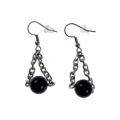 48mm Haakoorbellen Dames - Gepolijst RVS - Lange Oorbellen met Ovale Schakelketting en Obsidiaansteen - Handgemaakt