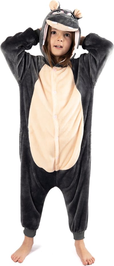 KIMU® Onesie Nijlpaard Pakje - Maat 110-116 - Nijlpaardpak Kostuum Grijs Hippo Pak - Peuter Zacht Jumpsuit Huispak Dierenpak Jongen Meisje Festival