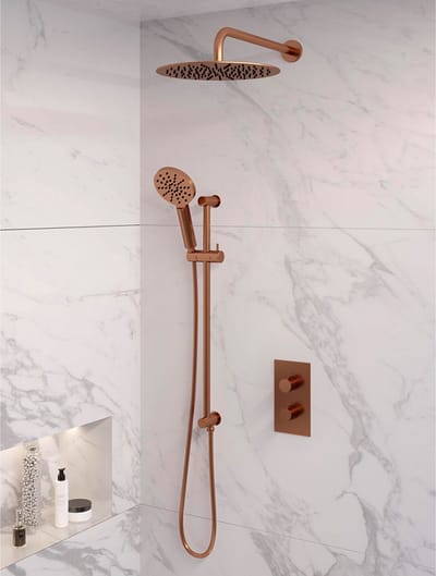 Brauer Copper Edition thermostatische inbouw regendouche 3-weg omstelling SET 46 met 30 cm douchekop en gebogen muurarm en 3-standen handdouche en doucheslang en geïntegreerde glijstang koper geborsteld PVD