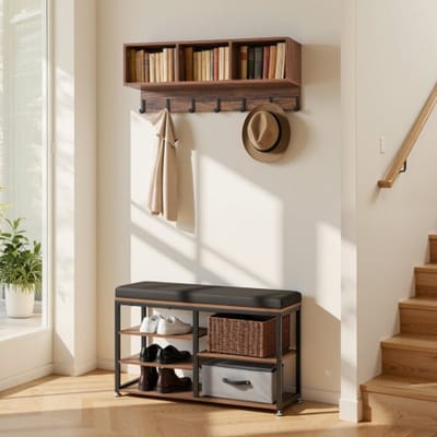 VEVOR Kapstok met bankje, combinatie schoen- en kapstok met haken en plank, wandkapstok, schoenrek met opbergruimte (5 vakken), voor hal, slaapkamer, kantoor