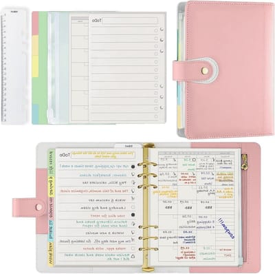 Herbruikbare A5 ringband planner met accessoires, 6-rings organizer in mintgroen en roze, ideaal voor notities en planning