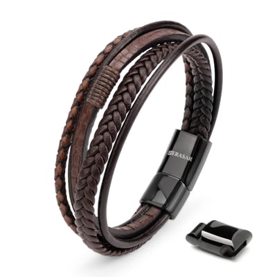 SERASAR Heren Bruin Leren Armband, 23cm, Heren Leren Armband Band, Arm Sieraden met Gevlochten Wikkelketting