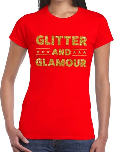 Glitter and Glamour gouden glitter tekst t-shirt rood dames - dames shirt Glitter and Glamour XS