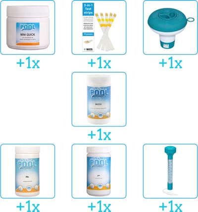 Zwembad Onderhoudspakket - Onderhoud Zwembad - bevat Chloor - Testrips - Chloordrijver - Chloor - PH-min - PH-plus en Thermometer (7-delig)