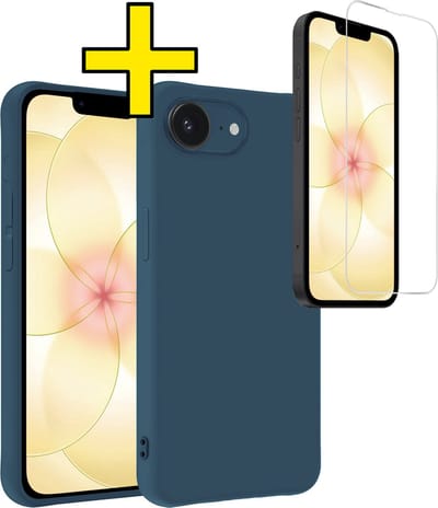 Hoesje - Met Screenprotector - Geschikt voor Apple iPhone 17e - Sterk & Shockproof - Back Cover - Siliconen Case - Telefoon Hoes - Telefoonhoesjes - Donkerblauw