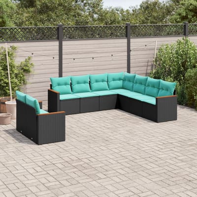 vidaXL - 9-delige - tuinbankset - met - kussens - van - zwart - polyrotan