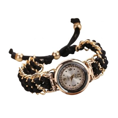 Zwart met goudkleurig analoog horloge dames met gevlochten band en ronde wijzerplaat – decoratief polshorloge met sierlijke kettingdetails