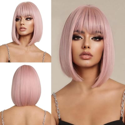 Lichtroze Bob met Pony - Korte Rechte Synthetische Haarwig voor Dagelijks Gebruik, Feest en Cosplay