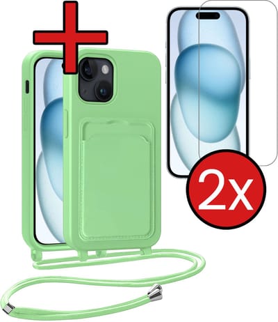 Hoesje Geschikt voor iPhone 15 Plus Hoesje Met Telefoonkoord en Pasjeshouder Met 2x Screenprotector Siliconen - Hoes Geschikt voor iPhone 15 Plus Hoesje Met Kaarthouder Case - Groen