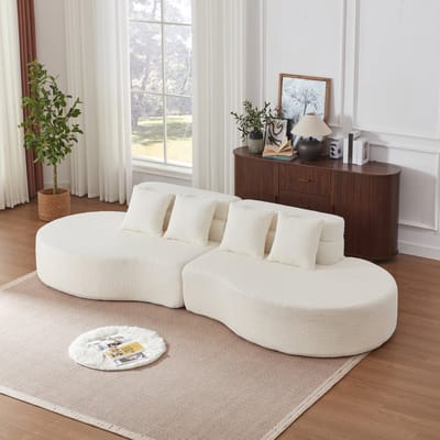 Wishdor - Modulaire Schuimbank - Afgeronde Vormen En Gelaagde Rugleuning - Modern Minimalistisch - Voor Woonkamer - Chenille - Beige - 2-Delig
