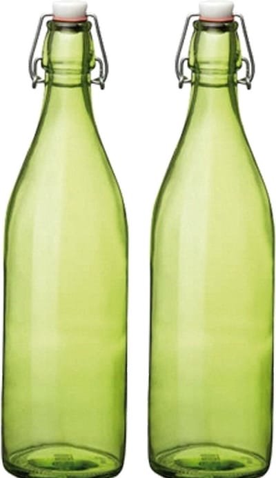 Bormioli rocco waterfles met beugeldop - Set van 2x stuks - groen transparant - 1000 ml - Giara home deco fles - weckflessen