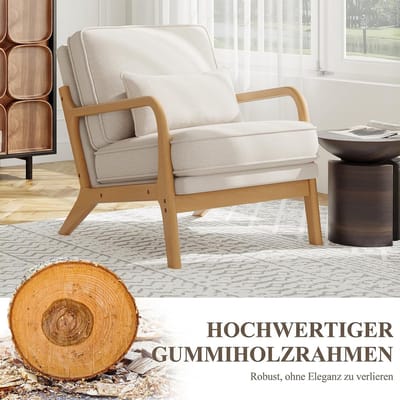 Nordic Elegance Lounge Fauteuil met Lendenkussen en Massief Houten Frame – Beige 84,8 x 65 x 76 cm