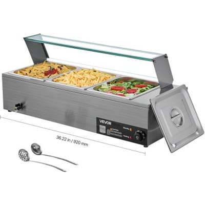 VEVOR Commerciële Voedselverwarmer (3 x 1/2 Maat Containers), 1,5 kW Elektrische RVS Warmhoudcontainer met Glazen Deksel & Soeplepel, Chafing Dishes voor Catering Restaurant Feesten