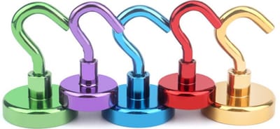 TLVX 5 stuks Haak magneet Groen, Paars, Blauw, Rood, Goud 16mm x 36mm / Erg sterk / 7 KG trekkracht / Magnetische ophanghaak / Magneet met haak / Metalen haak / Deurmagneet haak voor sleutels / Koelkast magneet handdoek / Magneet Gereedschap / Foto