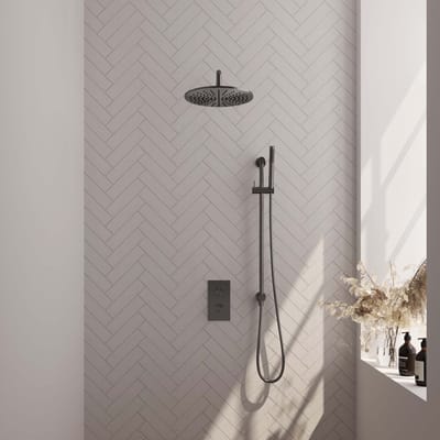 Brauer Gunmetal Edition thermostatische inbouw regendouche 3-weg omstelling SET 40 met 30 cm douchekop en gebogen muurarm en staaf handdouche en doucheslang en geïntegreerde glijstang gunmetal geborsteld PVD