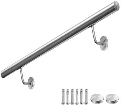 Trapleuning 200 cm - 304, Ø 40 mm - Wandbevestiging met Houder - Geborsteld Staal - Voor Balkon, Balustrade, Binnen & Buiten - Incl. Montagemateriaal