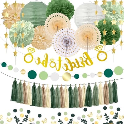 Sage Groene Versiering voor Vrijgezellenfeest Vrouwen, Banners, Papieren Lantaarns, Pompoms en Tafeldecoratie in Goud en Groen, Feestaccessoires voor een Onvergetelijke Ervaring