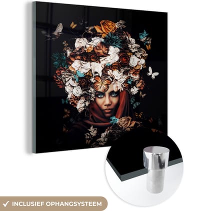 MuchoWow® Glasschilderij 50x50 cm - Schilderij acrylglas - Bloemen - Vlinder - Vrouwen - Hoofddoek - Foto op glas - Schilderijen