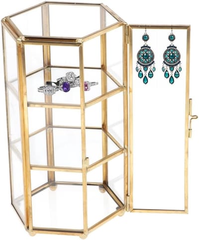 Glazen Sieradendoos - Decoratieve Organizer - Sieraden Opbergen - Zeshoekig Bloemontwerp - 105x95x18 cm - Helder Goudkleurig