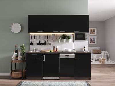 Goedkope keuken 195  cm - complete keuken met apparatuur Oliver  - Donker eiken/Zwart   - keramische kookplaat - vaatwasser     - magnetron  - spoelbak