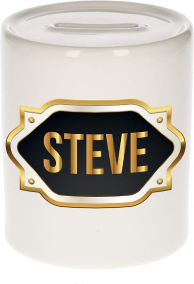 Spaarpot met voornaam Steve - wit - met goud/zwart embleem - 8 x 9 cm - keramiek - met afsluitdop - cadeau verjaardag