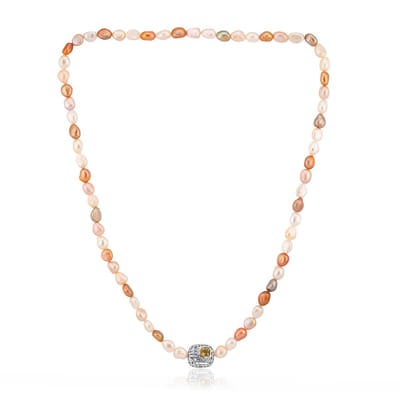 Cavill - 925 Sterling Zilver Halsketting - 1,8 ct Cognac Kwarts Antiek Kussen - Perzik & Gele Zoetwaterparels - Elegante Damesketting 65,4 cm