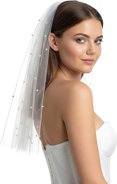 Elegante Witte Bruidsluier van 60cm/95cm, Zachte Tulle met Parels, Ideaal voor Bruidsmode en Huwelijksfeesten