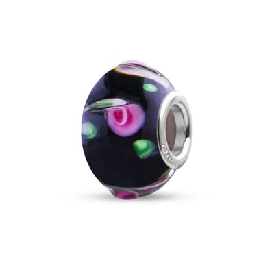 Quiges - Glazen - Kraal - Bedels - Beads Bloemvormig Zwart met Roze Rozen en Groene Blaadjes Past op alle bekende merken armband NG2033