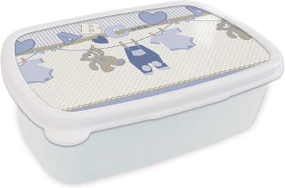 Broodtrommel Wit - Lunchbox - Brooddoos - Baby kleren - Waslijn - Teddybeer - Patroon - 18x12x6 cm - Volwassenen