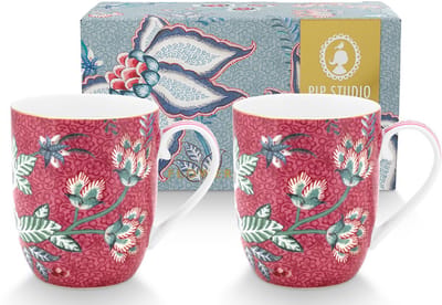 Pip Studio Flower Festival dark pink - Mokken set/2 - 145ml - porselein - bloemen - roze