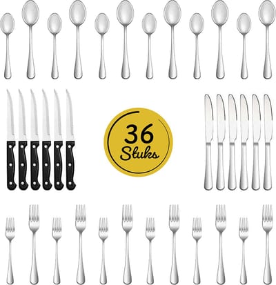 LW Collection bestekset 6 persoons 36 stuks zilverkleurig - bestek set zilver vaatwasserbestendig - Lepels, Messen, Vorken & Steakmessen
