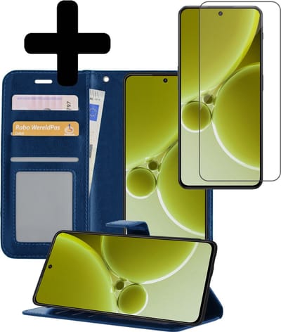 Hoesje - Met Screenprotector - Geschikt voor OnePlus Nord 3 - Luxe Pasjeshouder - Bookcase Portemonee - Flip Case - Kunstleer Book Case - Flipcase - Book Cover - Walletcase - Portemonneehoes - Telefoonhoesjes - Donkerblauw